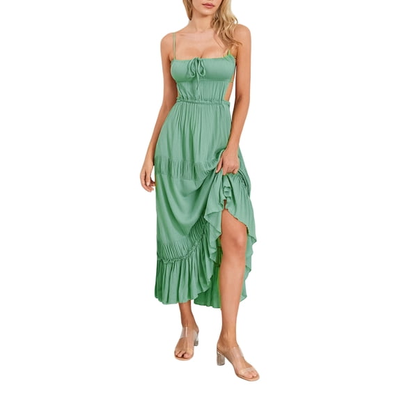 Douhoow Women Flowy Cami Dress Sleeveless Beach Dress Ruffle Spaghetti Strap Backless Long Dresses