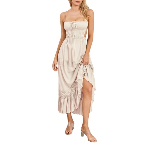 Douhoow Women Flowy Cami Dress Sleeveless Beach Dress Ruffle Spaghetti Strap Backless Long Dresses