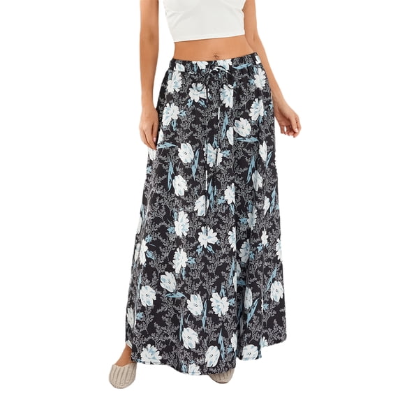 Douhoow Women Flowy Long Skirts Vintage Floral Print High Waist Swing Skirt with Pockets