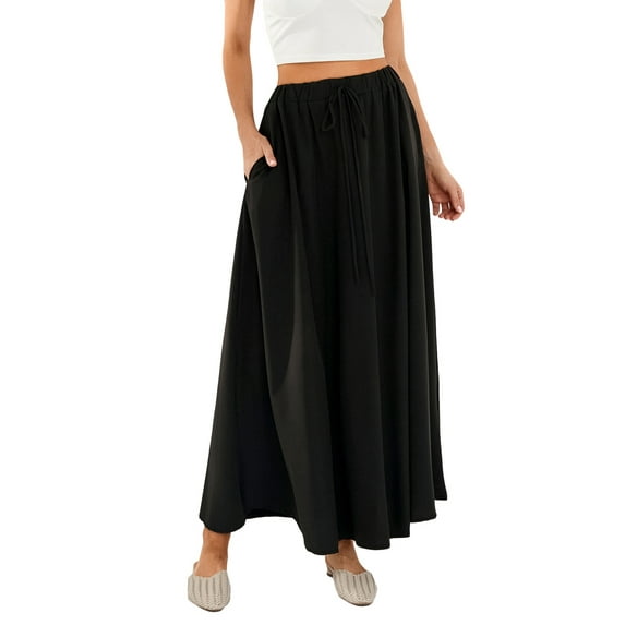 Douhoow Women Flowy Long Skirts Vintage Floral Print High Waist Swing Skirt with Pockets
