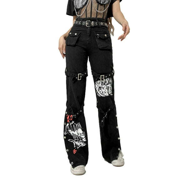 Douhoow Women Gothic Cargo Pants Low Waist Jeans Hip Hop Baggy Trousers Punk Streetwear