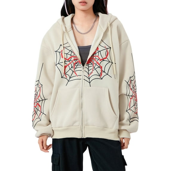 Douhoow Women Halloween Hooded Coat Long Sleeve Spider Web Print Sweatshirt Hoodie Jacket