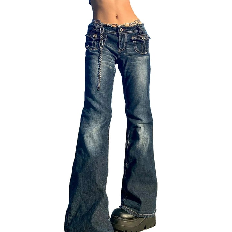Douhoow Women Jeans Vintage Low Waist Pockets Flare Denim Pants Retro Cargo  Trousers