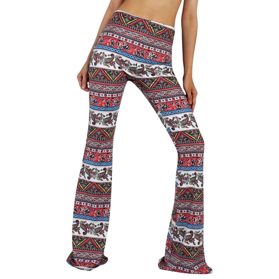 Douhoow Women Juniors Boho Vintage Stretchy Bell Bottom High Waist Flare Pants Hippie Baggy Wide Leg Palazzo Trousers