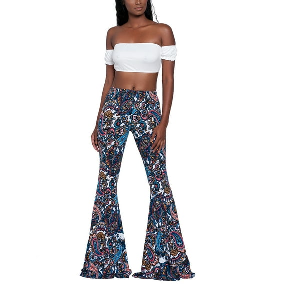 Douhoow Women Juniors Boho Vintage Stretchy Bell Bottom High Waist Flare Pants Hippie Baggy Wide Leg Palazzo Trousers