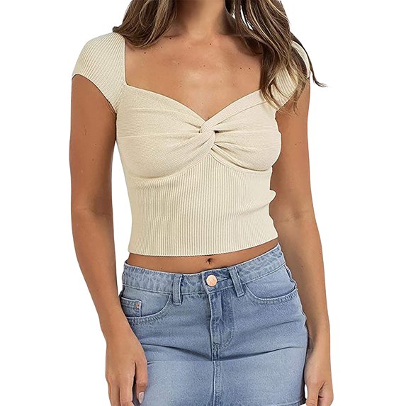 Douhoow Women Knit Cop Tops Short Sleeve Sweetheart Neck Solid Color Twist Front T-Shirts Ladies Summer Spring Slim Blouses
