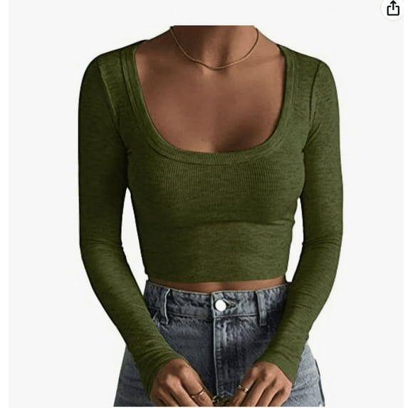 Douhoow Women Knitted Crop Top Long Sleeve Slim Fit Basic Deep U Neck Solid Color Short Top