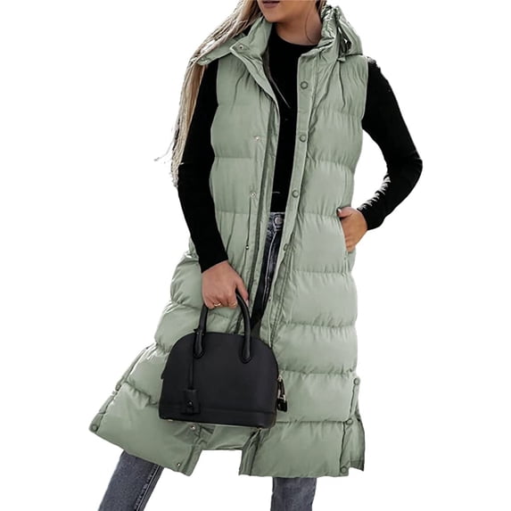 Douhoow Women Long Down Jackets Sleeveless Zipper Closure Hooded Waistcoat Puffer Vest Coat Winter Warm Outwear
