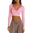 thumbnail image 1 of Douhoow Women Long Sleeve Crop Tops Tee Shirts Solid Color Vintage V Neck T-Shirt, 1 of 6