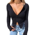 thumbnail image 1 of Douhoow Women Long Sleeve T-shirt Spring Ribbed Knitted Crop Tops Slim Zipper Tops, 1 of 3