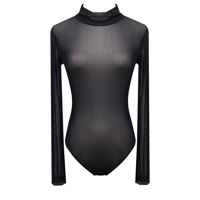 Womens Mesh Sheer Bodysuit Ladies Hollow Long Sleeve Leotard Tops Shirt  Jumpsuit
