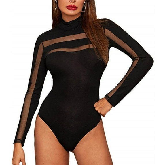 Douhoow Women Mesh Sheer Bodysuit Long Sleeve Leotard Tops Slim Jumpsuit