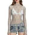 thumbnail image 1 of Douhoow Women Mesh Sheer Cover Ups Long Sleeve Slim Top Mock Neck Lace Floral See Through Shirt Tops, 1 of 8