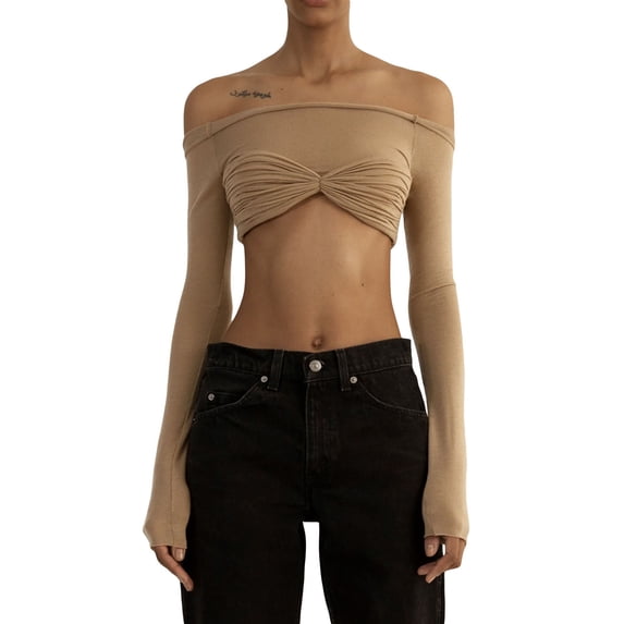 Douhoow Women Off Shoulder Crop Tops Long Sleeve Slim Fit Top Ruched Bust Tee