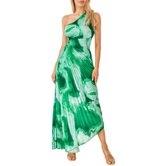 Douhoow Women One Shoulder Tie Dye Dress Sleeveless Cut Out High Waist Pleated Flowy Long Dresses Vacation Dress
