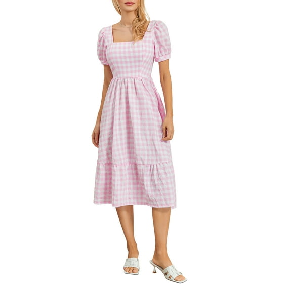 Douhoow Women Pink Plaid Midi Dress Square Neck Short Sleeve A-line Dresses Beach Holiday Checkered Swing Tea Dress