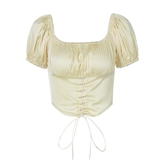 Douhoow Women Puff Sleeve Tops Solid Color Lace-Up Crop Top Summer Ruffle T-shirt