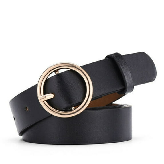 Douhoow Women Round Buckle Belt Casual Solid Color Faux Leather Waistband Classic Belt