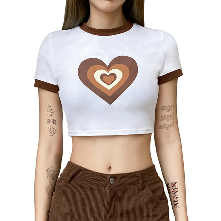 Douhoow Women Round Collar Short Sleeve T-shirt Summer Teen Girl Heart  Printing Top Slim Crop Tops