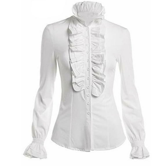 Douhoow Women Ruffles Shirt Long Sleeve Frill Tops OL Shirt Frilly High Neck Blouse