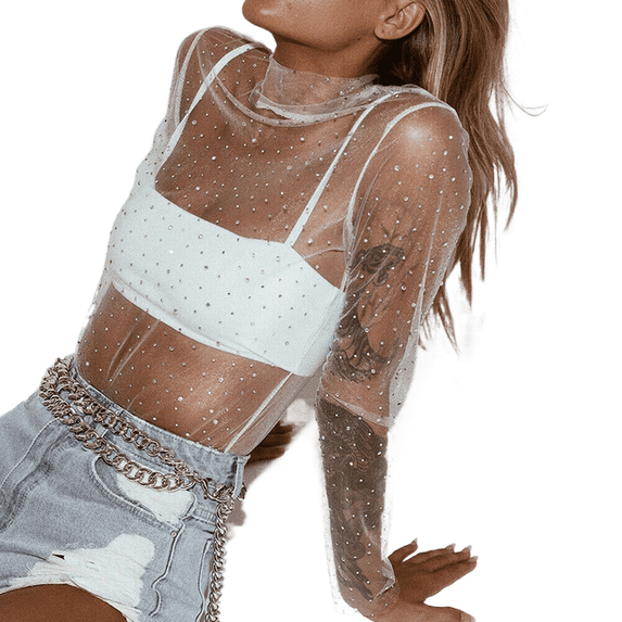 Douhoow Women See Through T-Shirts Long Sleeve Rhinestone Mesh Cover Ups