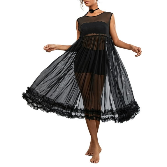 Douhoow Women Sheer Mesh Midi Dress Crew Neck Ruffle Sleeveless See Through Cover Ups Beach Dress