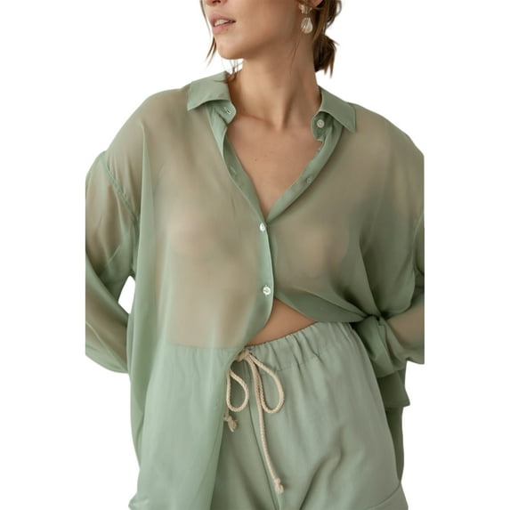 Douhoow Women Sheer Shirt Long Sleeve Lapel Mesh Loose Top See Through Blouse
