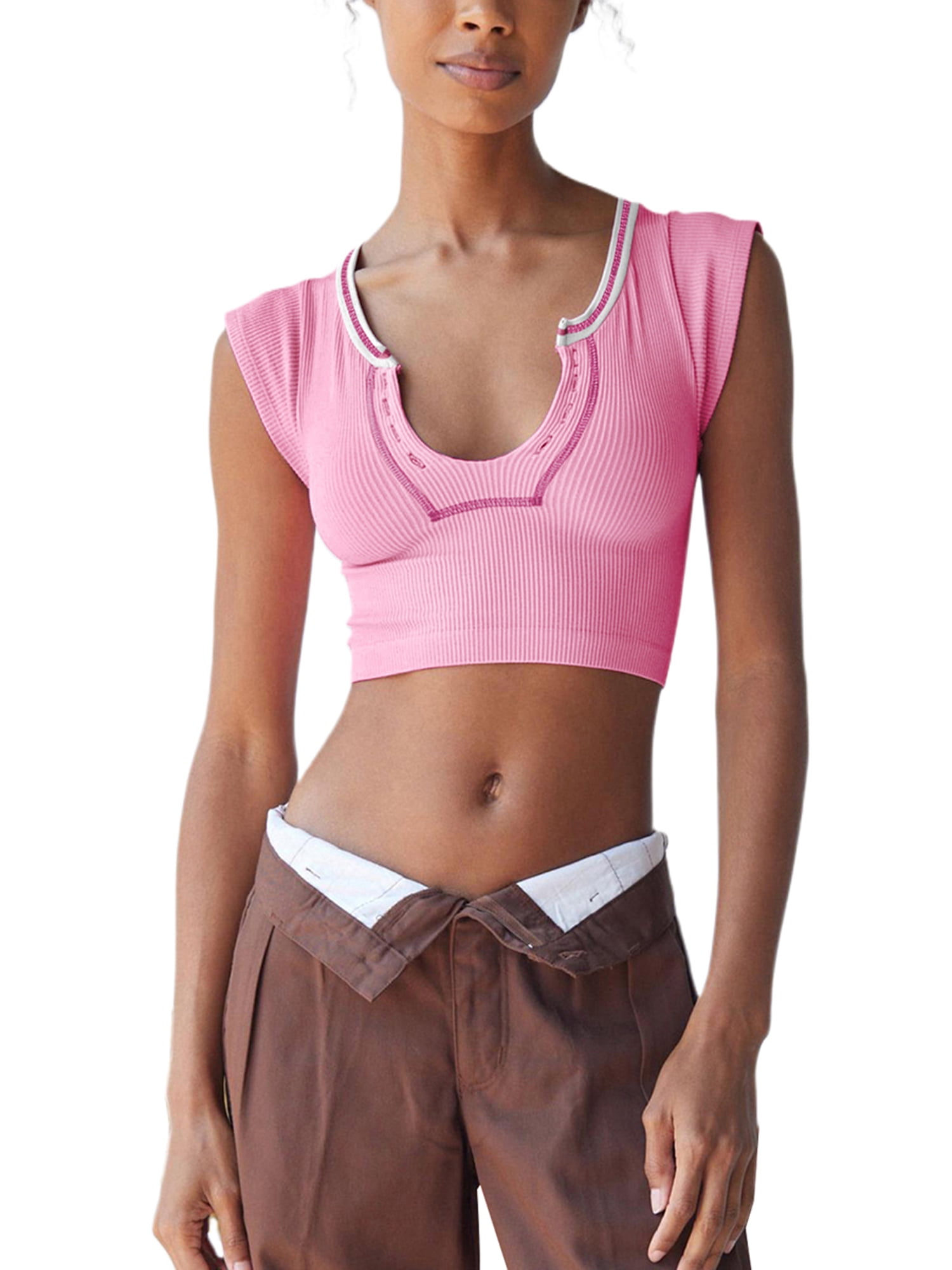Douhoow Women Short Sleeve Crop Top Girls T-Shirts Summer Vintage Slim  Fitted Tank Top