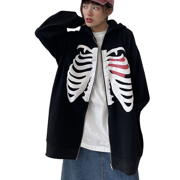 Douhoow Women Skeleton Print Hoodies Zipper Sweatshirt Long Sleeve Harajuku Jacket Streetwear
