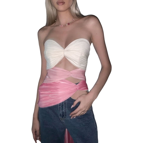 Douhoow Women Skinny Tube Tops Sweet Sleeveless Crop Tops Off Shoulder Ruched Contrast Color Tee