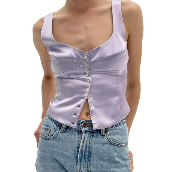 Douhoow Women Sleeveless Tank Top Solid Color Single Breasted Vest Crop Tops