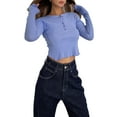 thumbnail image 1 of Douhoow Women Slim Crop Pullover Casual Solid Color Long Sleeve Henley Ribbed Tops, 1 of 9