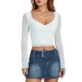 thumbnail image 1 of Douhoow Women Solid Color Sheer Mesh Long Sleeve T-Shirts Deep V Neck Cropped Tops Basic Tee, 1 of 9