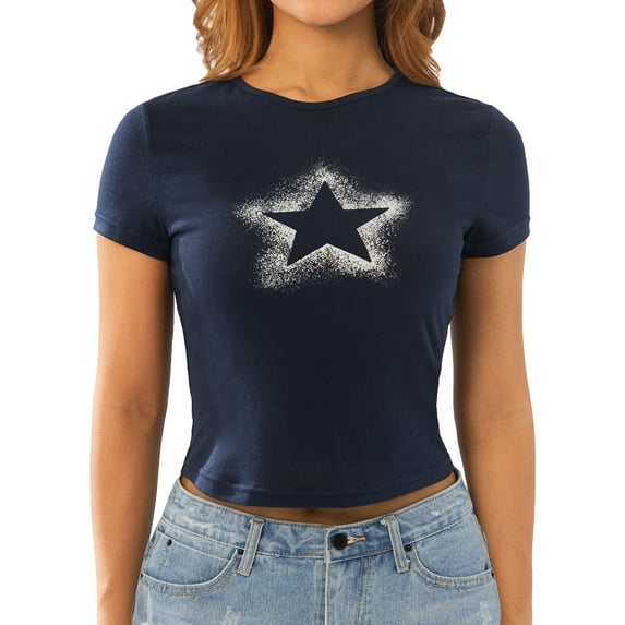 Douhoow Women Stars Print T Shirts Summer Short Sleeve Slim Fit Crop Tops