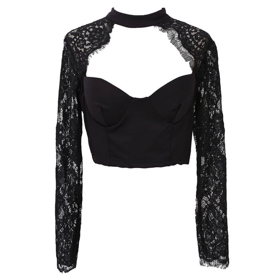 Douhoow Women Summer Elegant Lace Crochet Crop Top Long Sleeve Slim Blouse