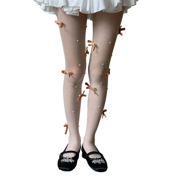 Douhoow Women Summer Pantyhose Pearl Bow Embellished Lolita Sheer Tights High Waist Mesh See Through Thin Stockings Stretchy Leggings