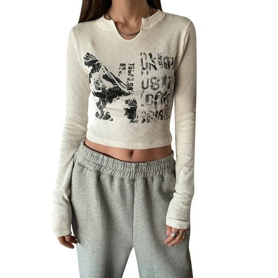Douhoow Women T-Shirt Long Sleeve Letter Printing Tee Ribbed Crop Top Casual Hip Hop Streetwear