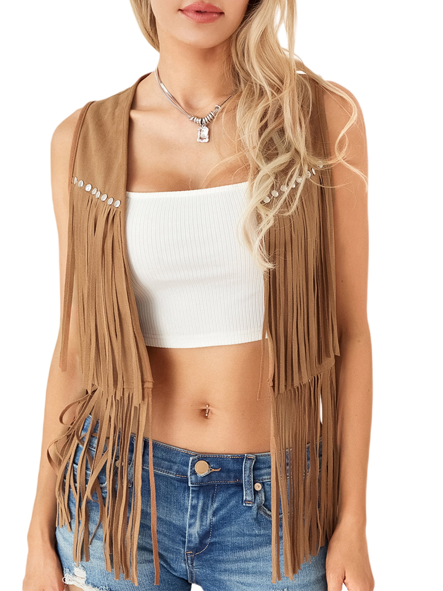 Douhoow Women Tassel Vest Faux Suede Rivets Sleeveless Fringe Waistcoat Jacket Open Front Boho