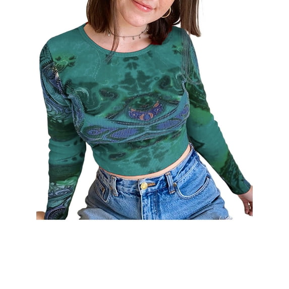 Douhoow Women Tie Dye Crop Top Spring Basic Long Sleeve Pullover Vintage T-Shirt