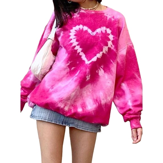 Douhoow Women Tie Dye Pullover Tops Long Sleeve Crew Neck Heart Print Loose Sweatshirts