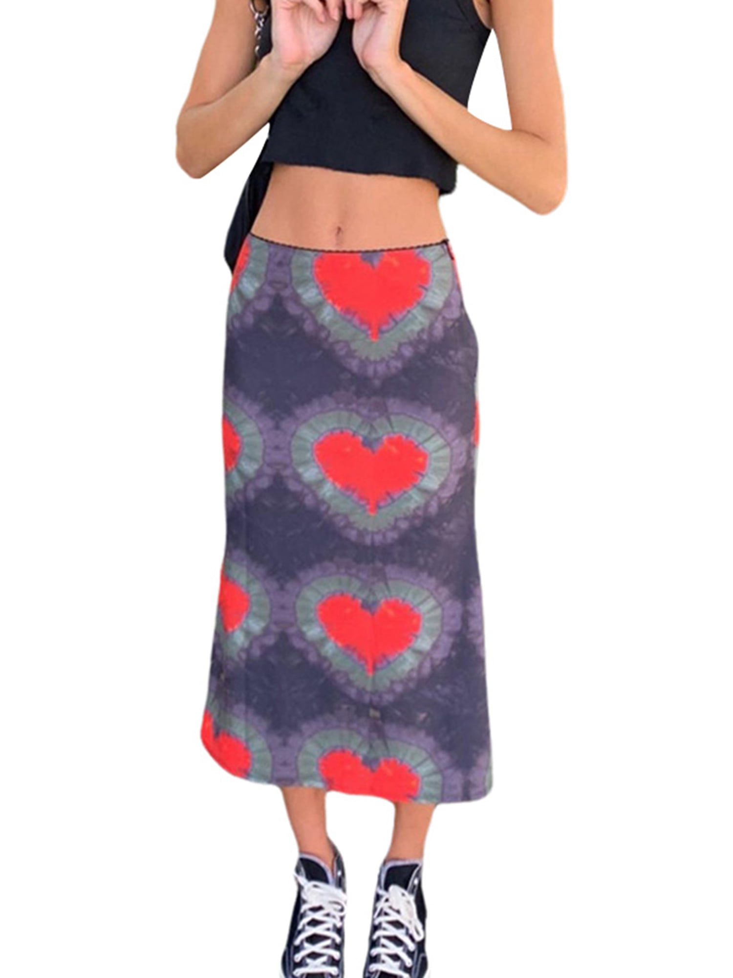 Douhoow Women Tie-dye Midi Skirt Summer High Waist Heart Print Skirt Gothic  Skirt