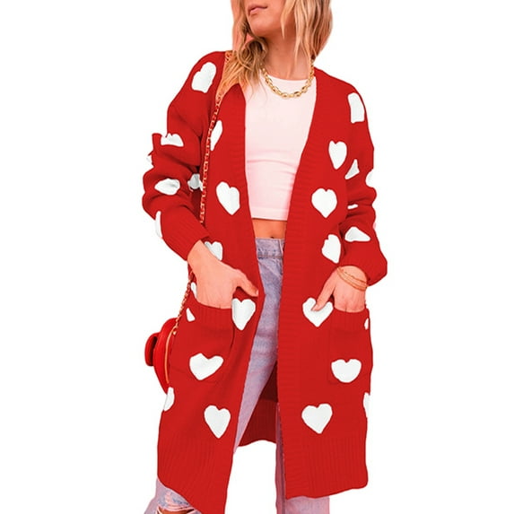 Douhoow Women Valentine Cardigan Sweaters Love Heart Print Open Front Cardigans Button Knitted Outerwear