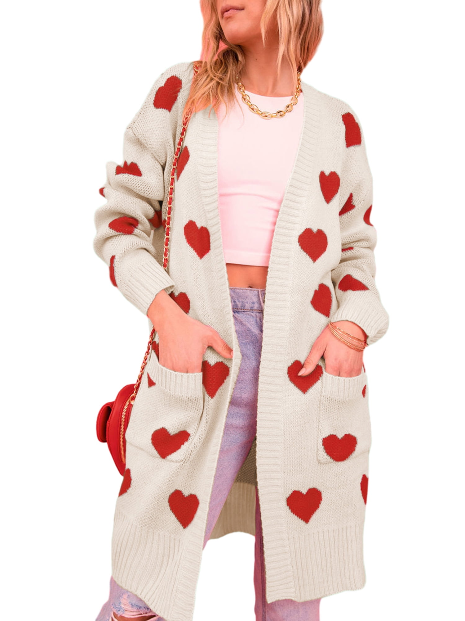 Douhoow Women Valentine Cardigan Sweaters Love Heart Print Open Front