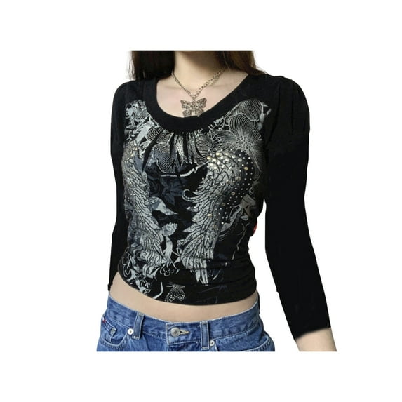 Douhoow Women Vintage Crop Tops, Casual Long Sleeve Round Neck Wing Print T-Shirt