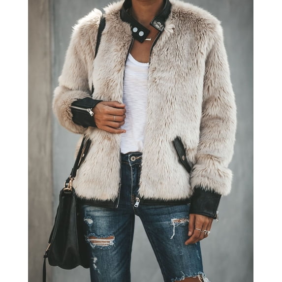 Douhoow Women Warm Teddy Bear Fleece Patchwork Long Sleeve Slim Jacket Zip Up Outwear Coat