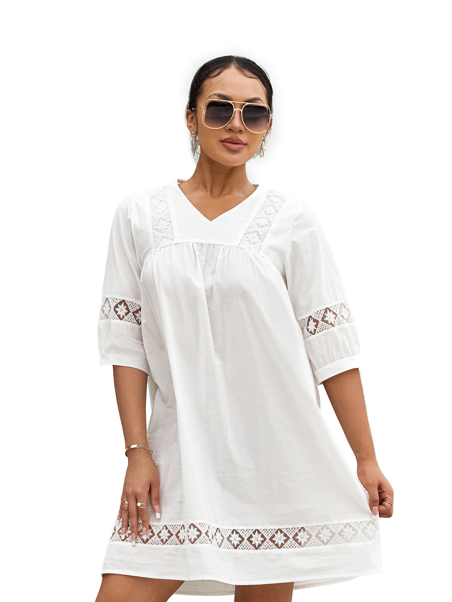 Douhoow Women White Beach Dress Bohemian Half Sleeve V Neck Loose Short ...