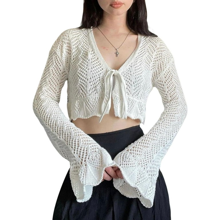 Douhoow Women White Knitted Crop Top Tie Up Ruffles Flare Sleeve Cardigan  Retro V Neck Crochet Top