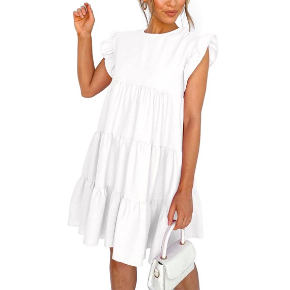 Douhoow Women White Ruffle Mini Dresses Summer O Neck Casual Loose Butterfly Sleeve Short Dress