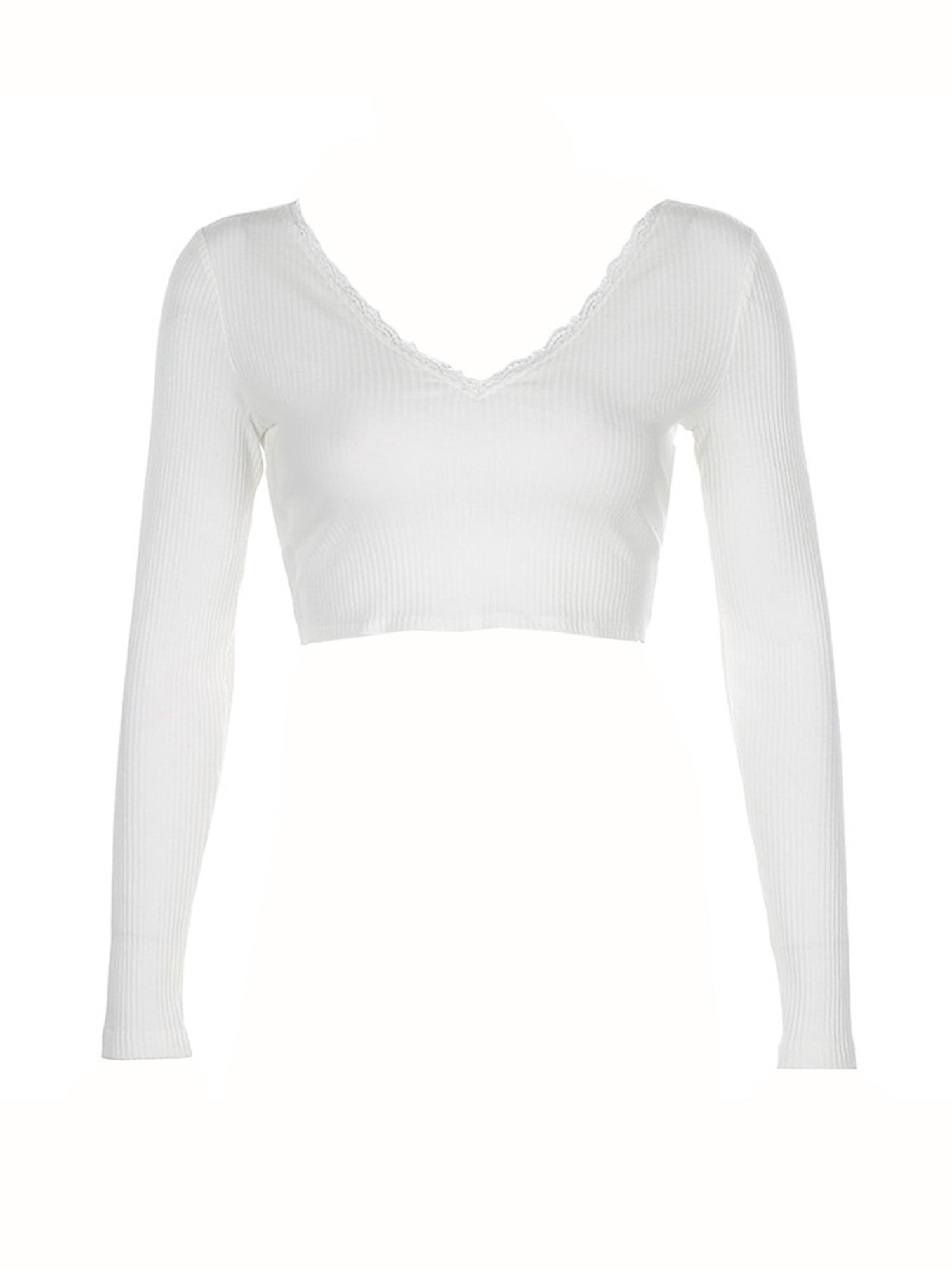 Douhoow Women White T-Shirts V Neck Long Sleeve Bandage Knitted Crop ...