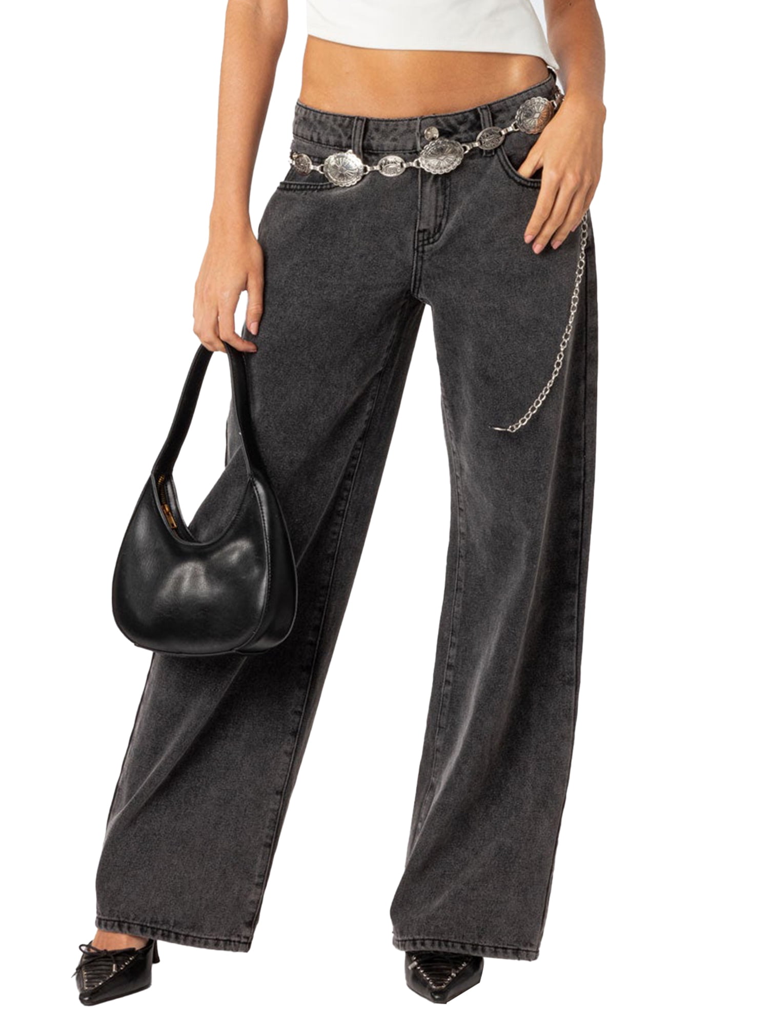 Akivide Women's High Waist Baggy Straight Leg Jeans - Boyfriend Fit, Button Fly, Roll Hem Denim Pants - View #5